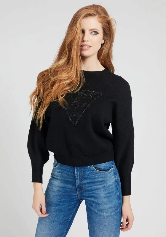 Guess Womens Volume Sleeve Logo Sweater, Black