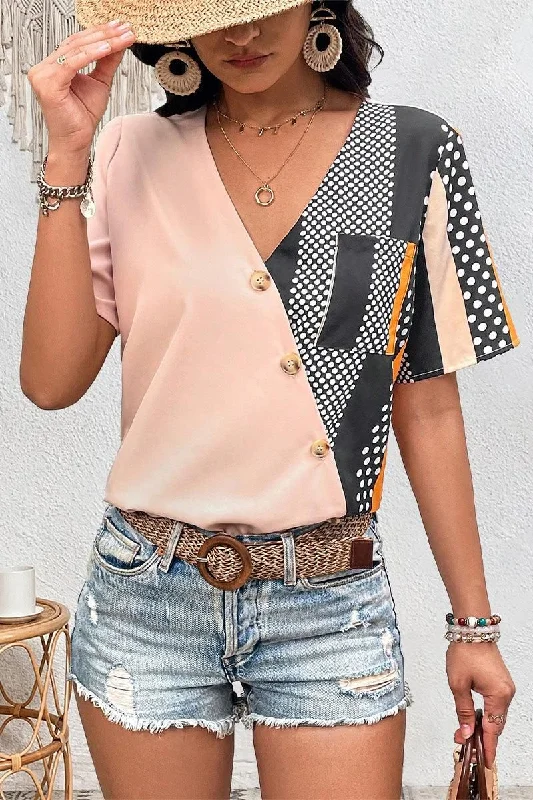 WOMEN CROSS WRAP BUTTON DECKED PATTERN BLOCK TEE