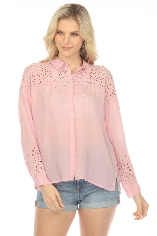 Johnny Was Light Pink Lotus Eyelet Button-Down Shirt Boho Chic C14923