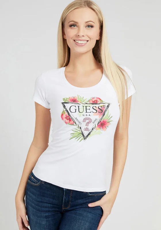 Guess Womens Rebecca Tropical Logo T-Shirt, White