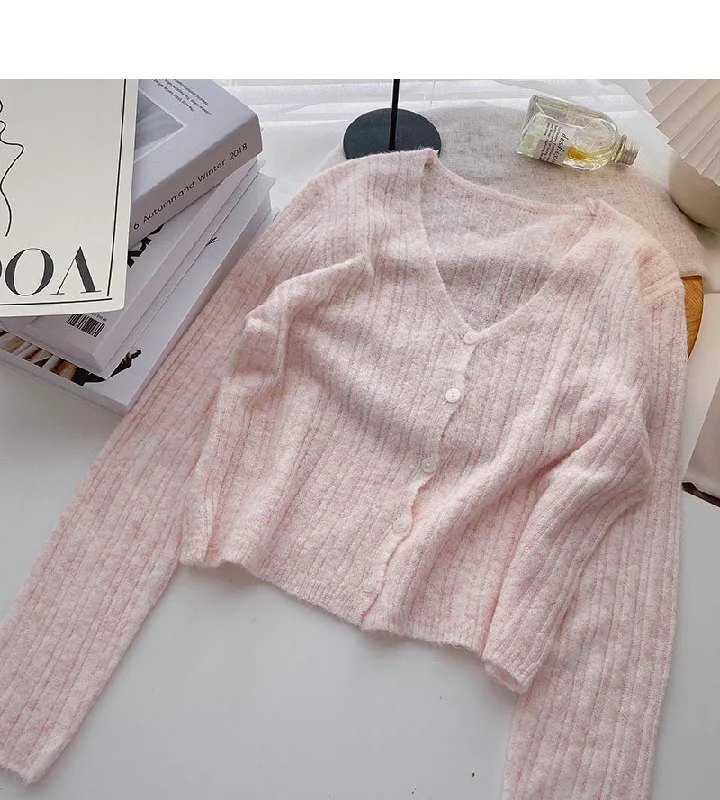 Korean small short long sleeve V-neck knitted cardigan  6493