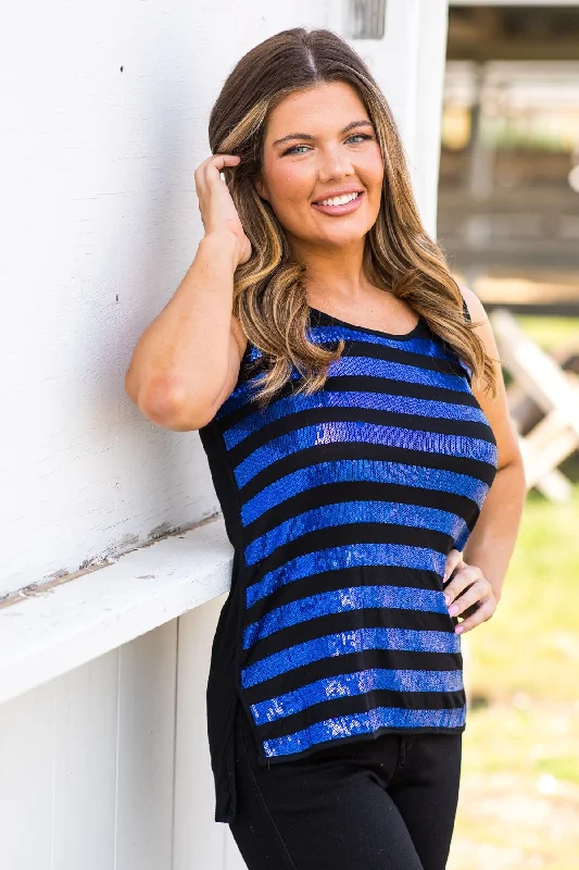 Blue and Black Sequin Stripe Tank