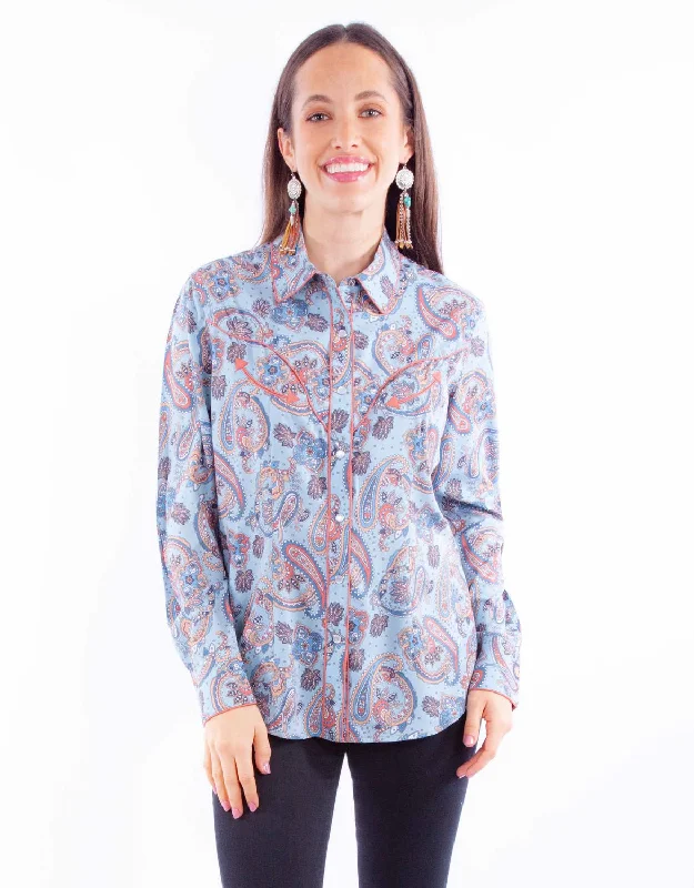 Scully Womens Western Paisley Blue 100% Rayon L/S Shirt