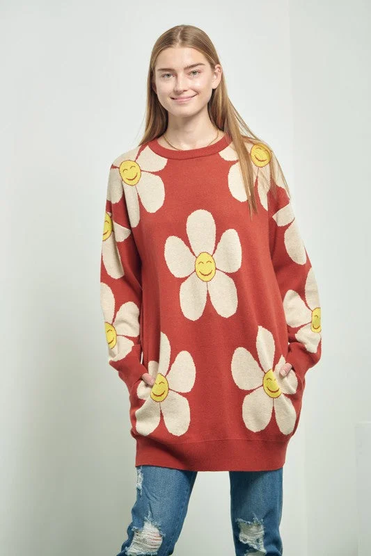 Happy Face Floral Print Knit Sweater