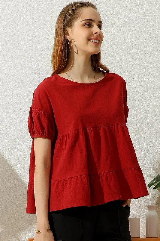 SLIT BACK SHORT PUFF SLEEVE CAKE RUFFLE TOP