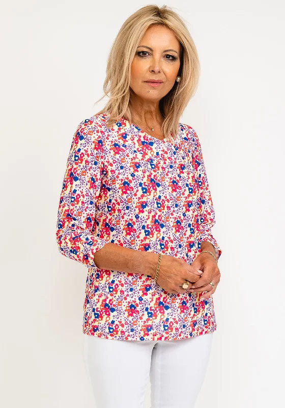 Leon Collection Laura Flower Patterned Top, Coral Mix