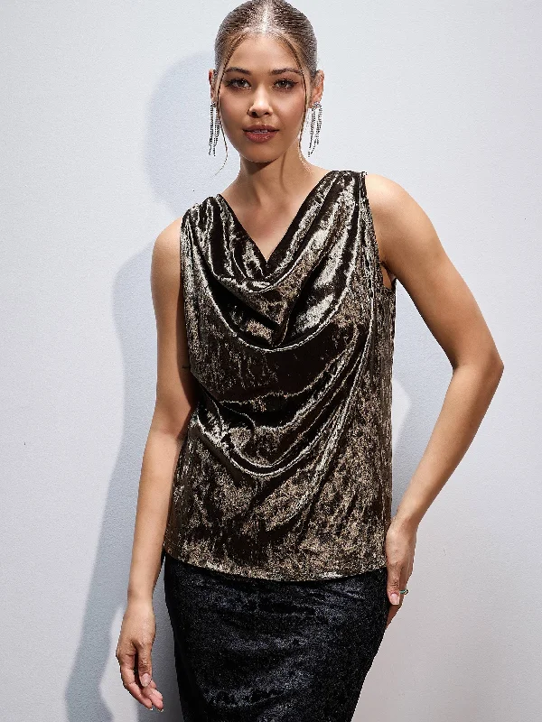 Women Olive Velvet Cowl Neck Sleeveless Top