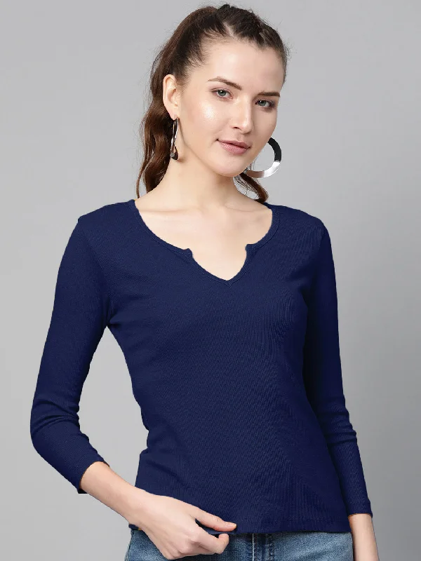 Women Navy Blue Rib Drop V-Neck Top