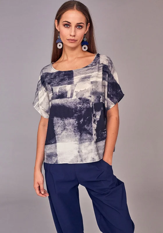 Naya Graphic Print Linen Mix Top, Navy