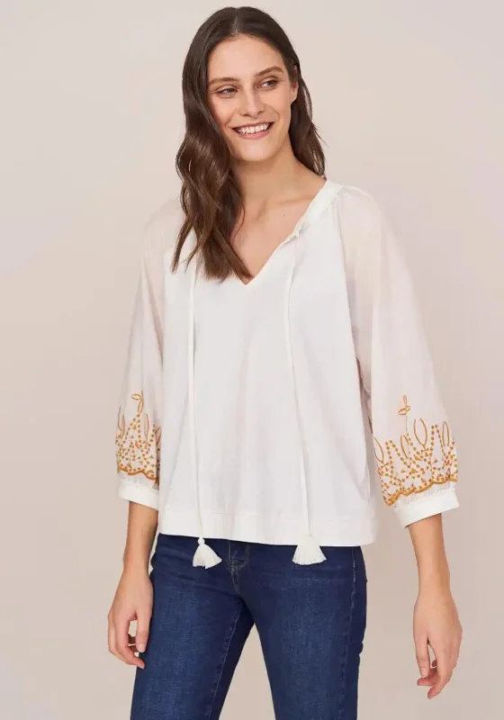 White Stuff Tansy Embroidered Tassel Tie Neck Top, White Multi