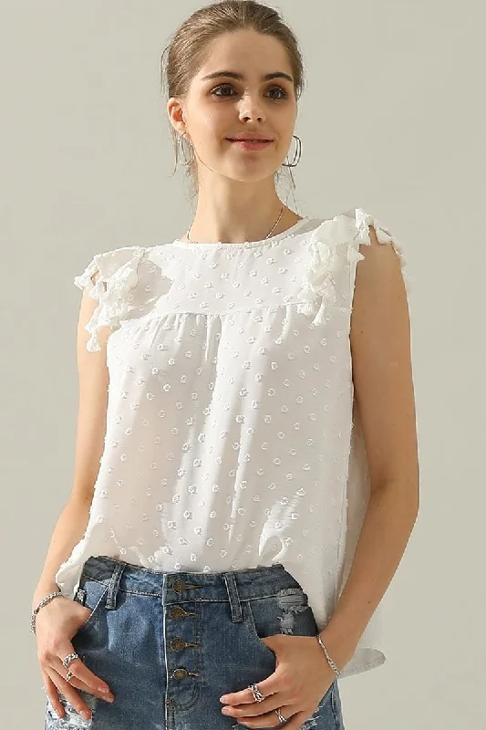 DOT LACE WRINKLED CHEST TASSEL CAP SLEEVE TEE