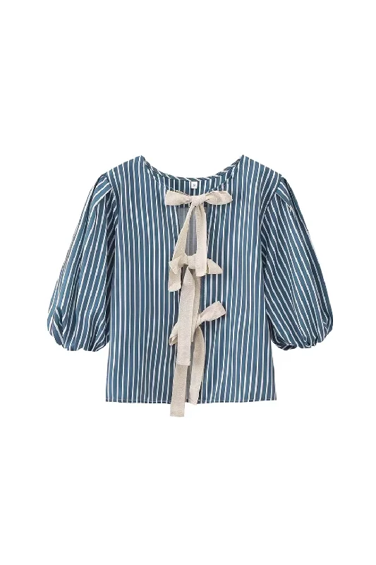 'Ivy' Front Bow-tie Striped Short Sleeved Top