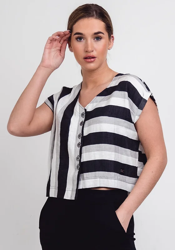 Naya Striped Linen Blend Short Top, Black