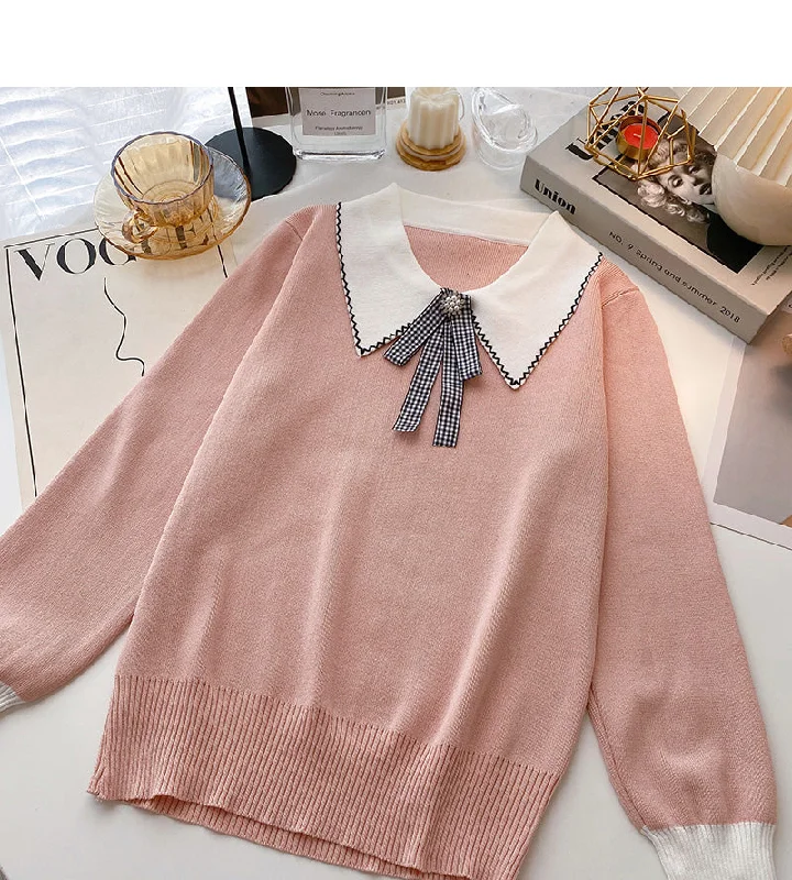 Long sleeve T-shirt design sense nail bead contrast bow top  6497