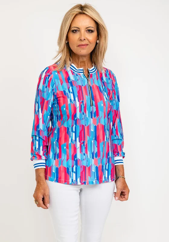 Leon Collection Viola Ribbed Collar Zip Up Top, Pink & Blue