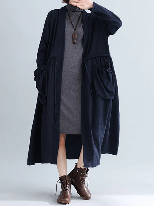 Women Pure Color Cotton Loose Long Sleeve Pockets Trench