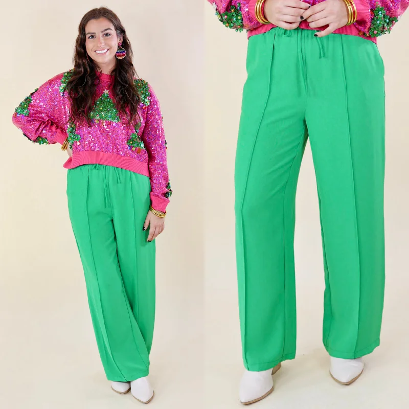 Bossy Business Drawstring Trouser Pants with Pockets in Green