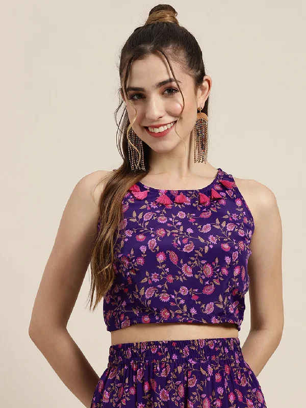 Women Purple Floral Sleeveless Crop Top