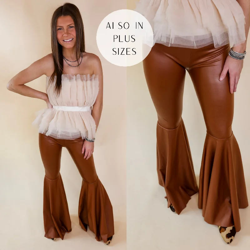 Nearly Famous Faux Leather Bell Bottom Pants in Camel Brown