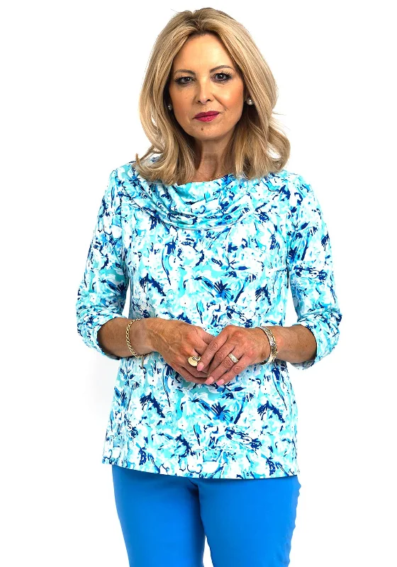 Leon Collection Cowl Neck Abstract Print Top, Blue