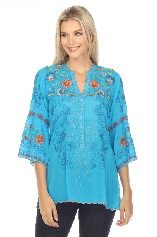 Johnny Was Maverick Embroidered 3/4 Sleeve Blouse Boho Chic C12723