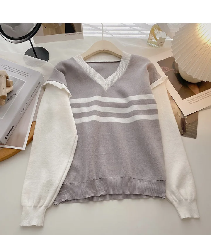 Striped V-neck color blocking long sleeve T-shirt  6488