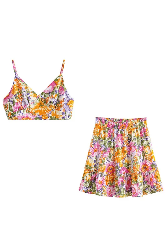 'Beth' Floral Sleeveless Top & High Waist Skirt Set