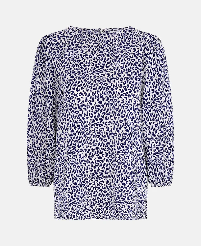 Blue Animal Puff Sleeve Blouse