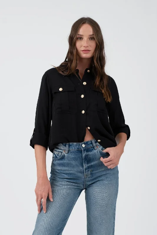 Daria Collared Gold Button 3/4 Tab Sleeve Shirt