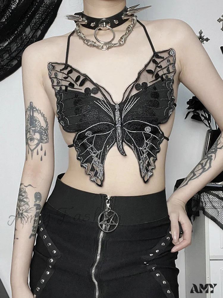 Streetwear Butterfly Top Hollow Out Gothic Backless Crop Lace Summer