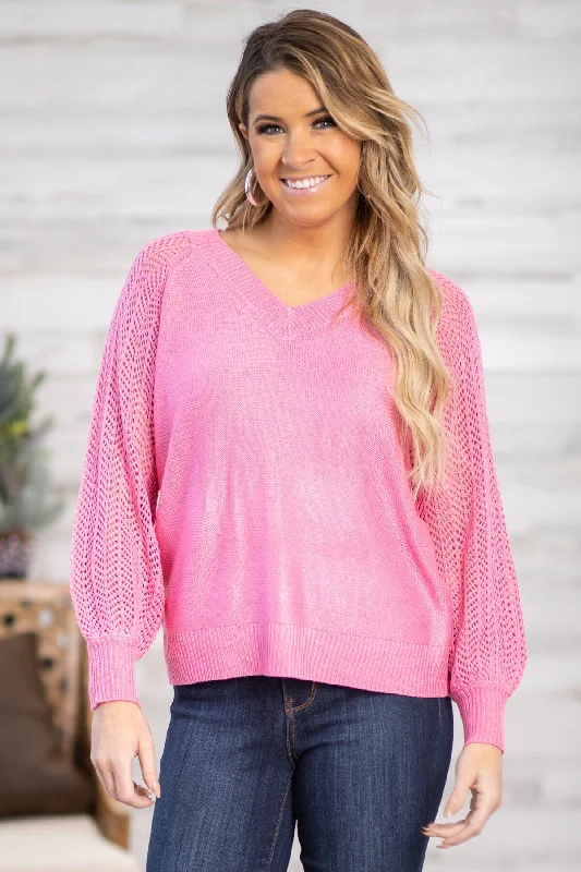 Pink Pointelle Sleeve Detail Sweater