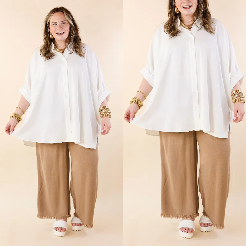 Right On Cue Elastic Waistband Cropped Pants with Frayed Hem in Mocha Brown