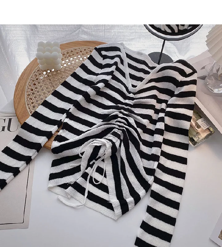 Long Sleeve Striped t-shirt design V-neck drawstring top  6485