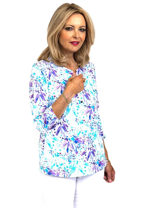 Leon Collection Watercolour Flowers Print Half Button Blouse, Purple Multi