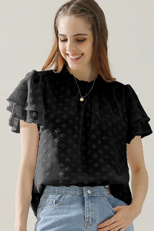 RUFFLED ROUND NECK JACQUARD WEAVE CHIFFON BLOUSE