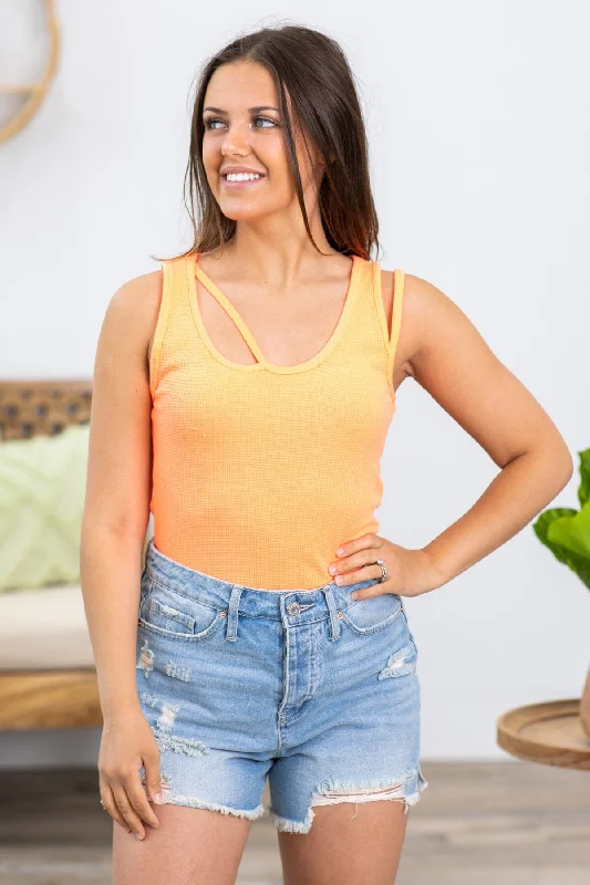 Neon Orange Ribbed Tank With Strap Detail