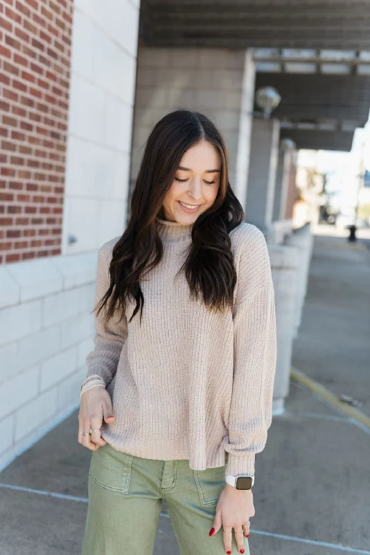 Beige Chunky Knit Mock Neck Sweater