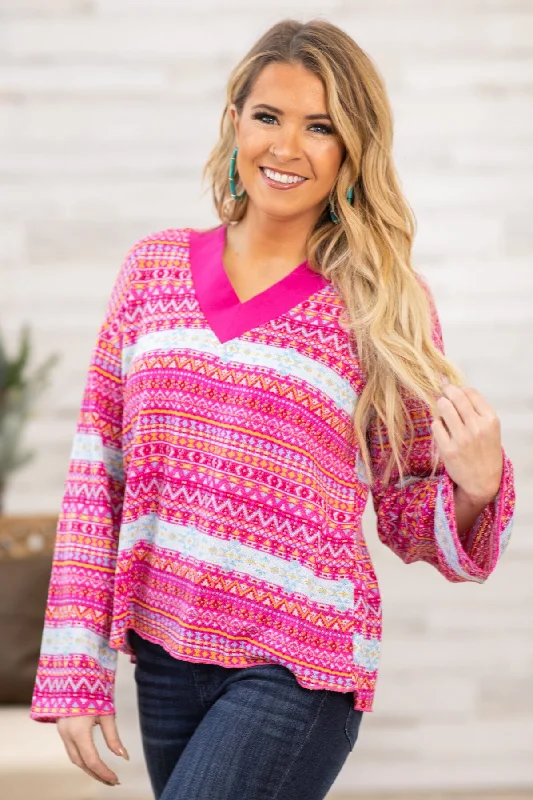 Hot Pink and Yellow Aztec Print-V-Neck Sweater