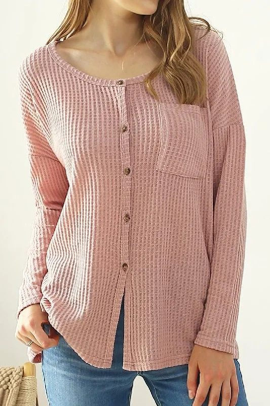 R NECK DETAILED BUTTON BRUSHED WAFFLE TOP