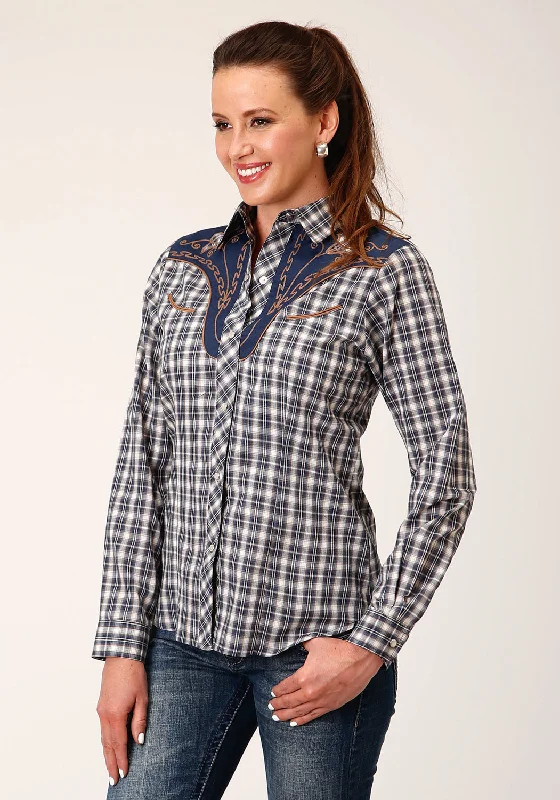 Roper Womens Small Scale Plaid Blue Cotton Blend L/S Shirt