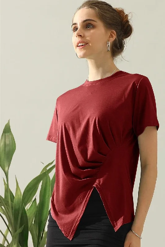 ROUND NECK RUFFLED SPLIT TOP