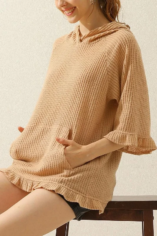 HOODED 3/4 RUFFLED SLEEVE KNIT SWEATER WITH POCKET