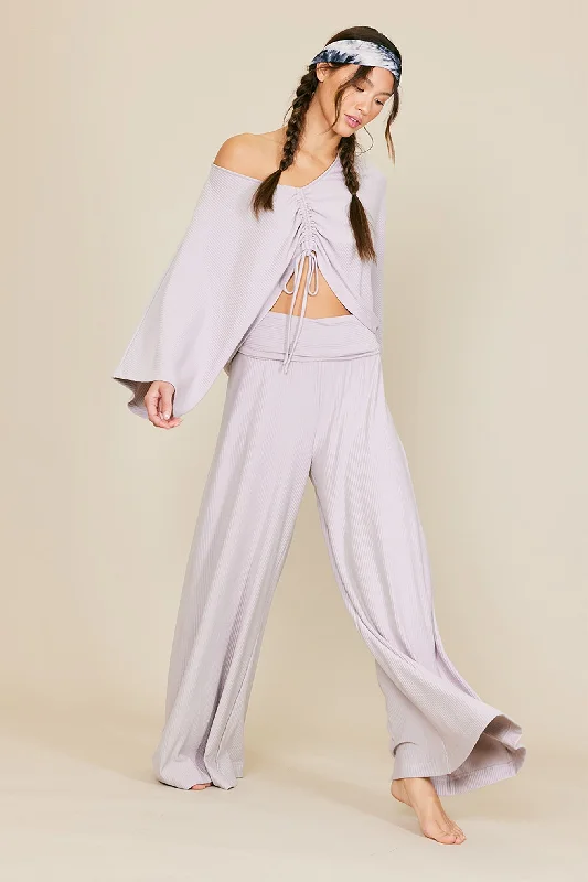 Grey Ribbed Foldover Waist Wide Leg Pants