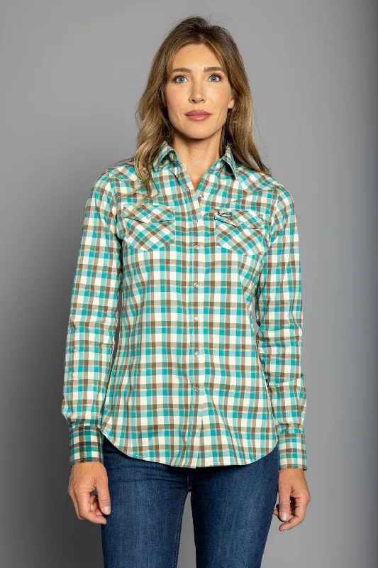 Kimes Ranch Womens Go Round Teal Cotton Blend L/S Shirt