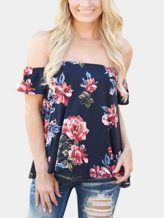 Custom Off The Shoulder Floral Print Asymmetrical Hem Navy T-Shirts