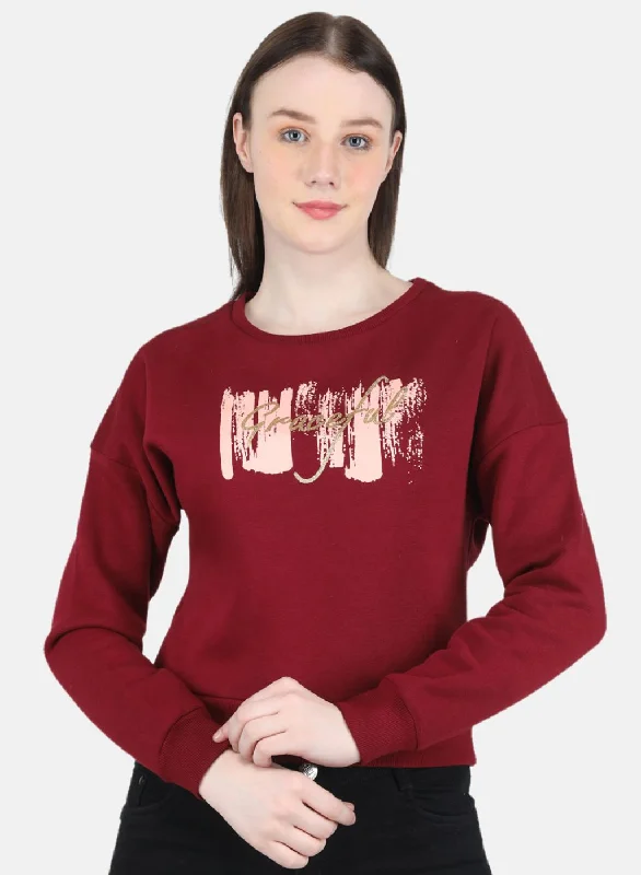 Women Maroon Printed Round Neck Full Sleeve Sweatshirt