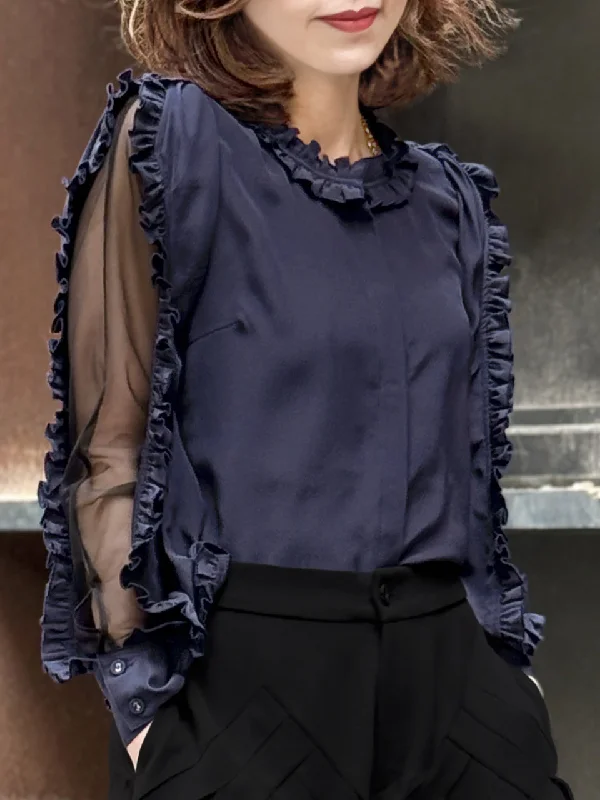 Purplish Navy Mesh Layered Sleeve Ruffle Luxe Silk Blouse