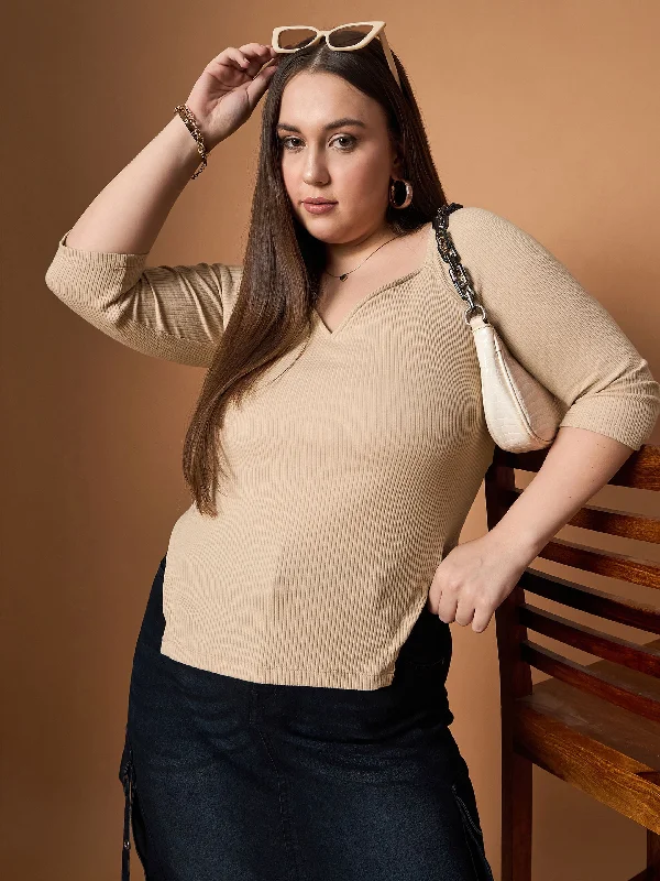 Women Beige Rib Sweetheart Neck Top