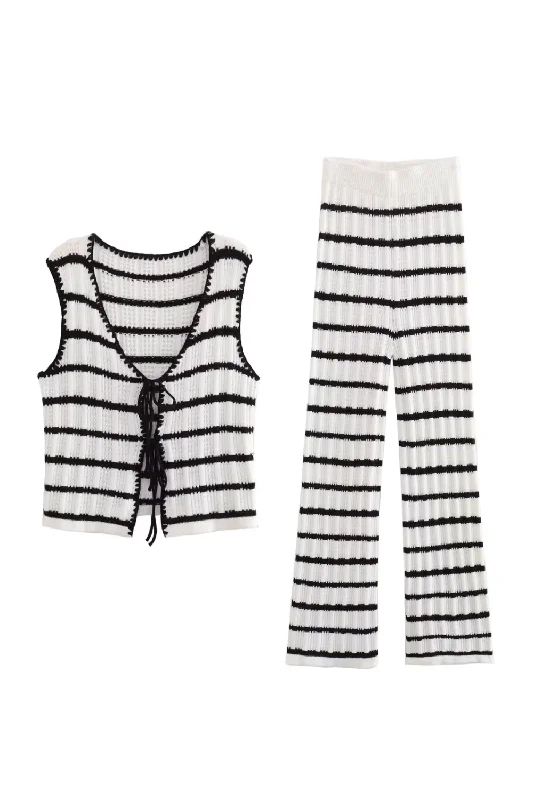 'Barbara' Striped Crochet Sleeveless Top & Straight Trouser