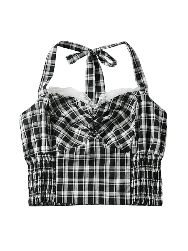 'Jeanny' Halter-neck Plaid Ruched Top